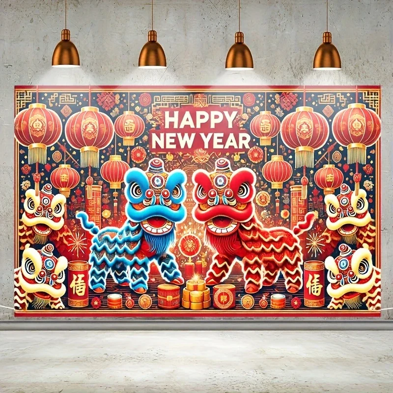 ChineseNewYearLion dance background bannerTraditional holiday decoration Polyester material suitable for living room garage door