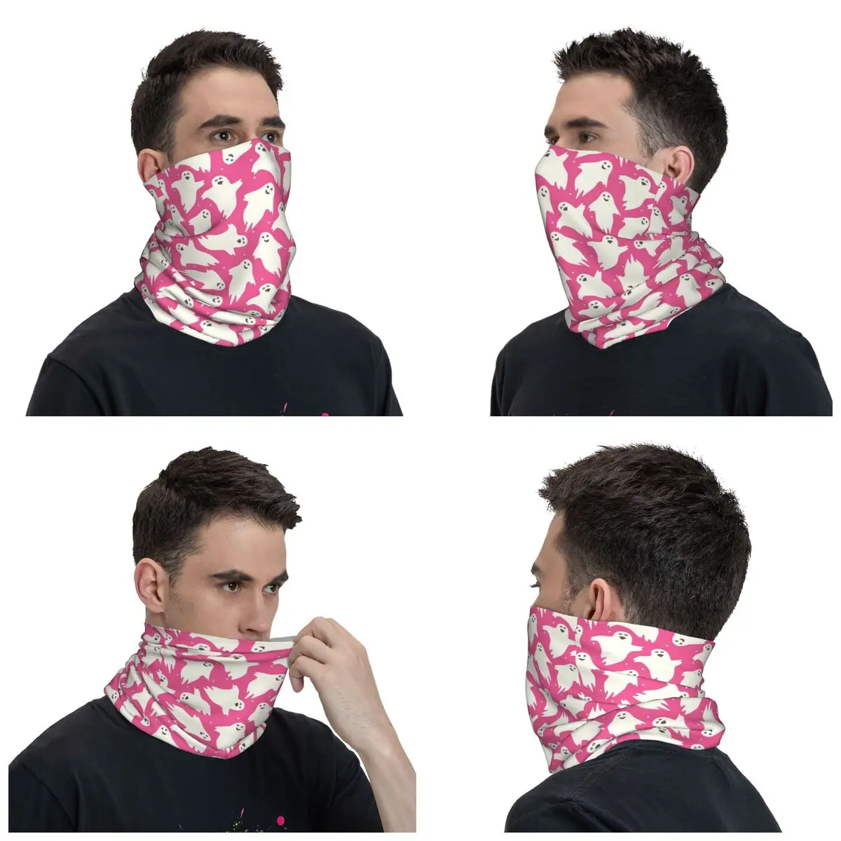 Pink Ghosts Spooky Pattern Bandana Neck Cover Halloween Wrap Scarf Multifunctional Face Mask Fishing Unisex Adult Breathable