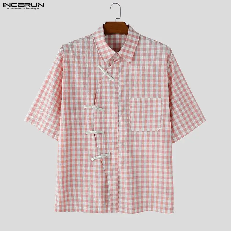 INCERUN Men's Plaid Shirt Lapel Half Sleeve Loose Vintage Button Men Clothes Streetwear Summer Shirts Casual Harajuku Male Tops