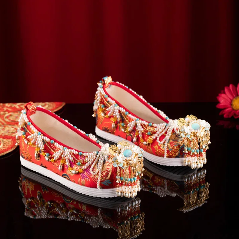 

Новые туфли Xiuhe, свадебные туфли, китайские свадебные туфли, ожерелье Феникса, красные туфли, тканевые туфли, туфли с вышивкой, древние туфли Hanfu20