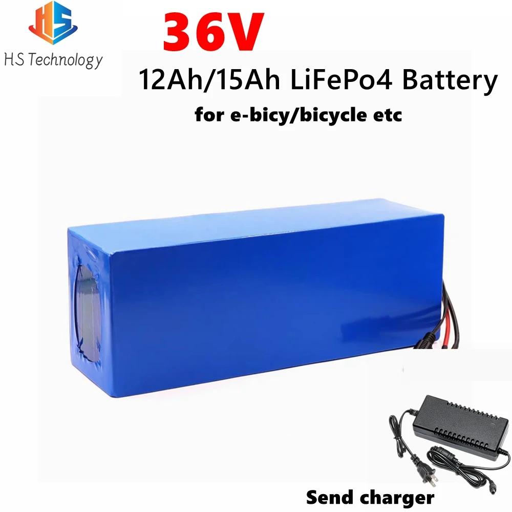 HS Rechargeable Battery 36V 12Ah 15Ah Lifepo4 Battery Pack with 20A BMS for 300W 500W 600W 700W Two Wheeler Electric Vehicles