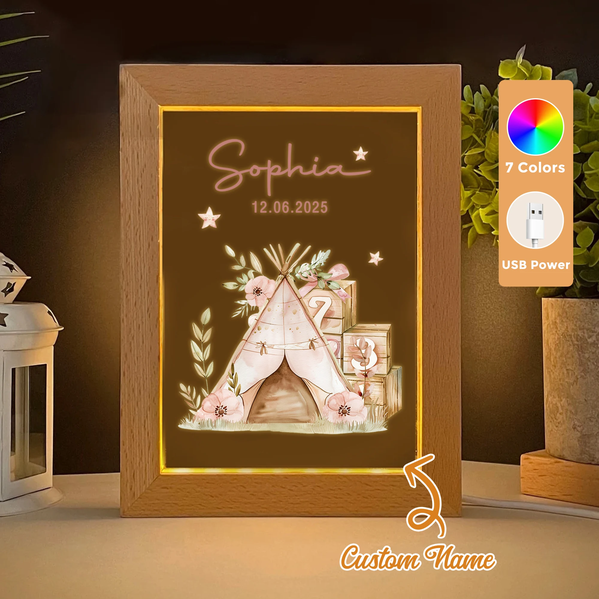 

2D Flat Custom Name Cartoon Pink Tent LED Acrylic Night Light Wood Photo Frame 21x17cm Child Bedroom Gifts Home Decor