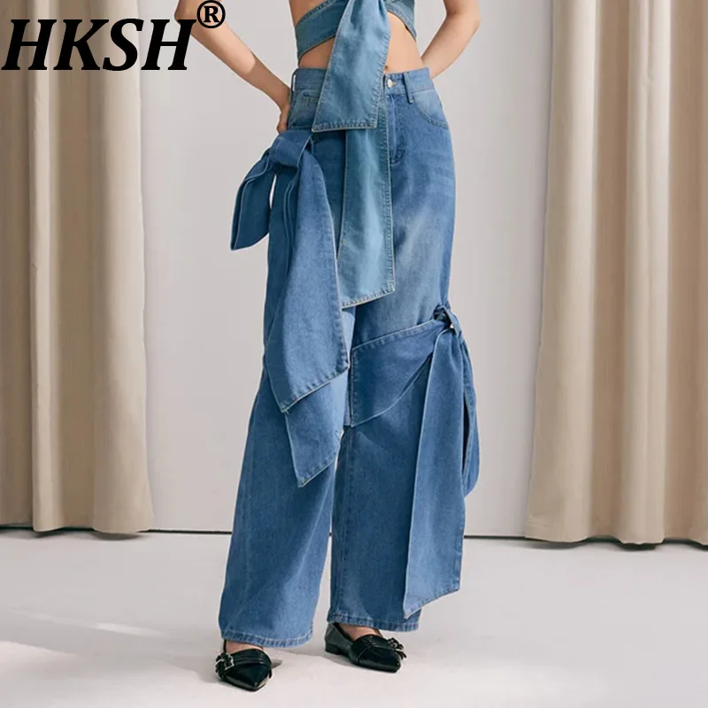 

HKSH Women Wide Leg Jeans Washed Distressed Patchwork Bowknot High Waisted High-end Trendy Casual Denim Pants New Spring HK20976
