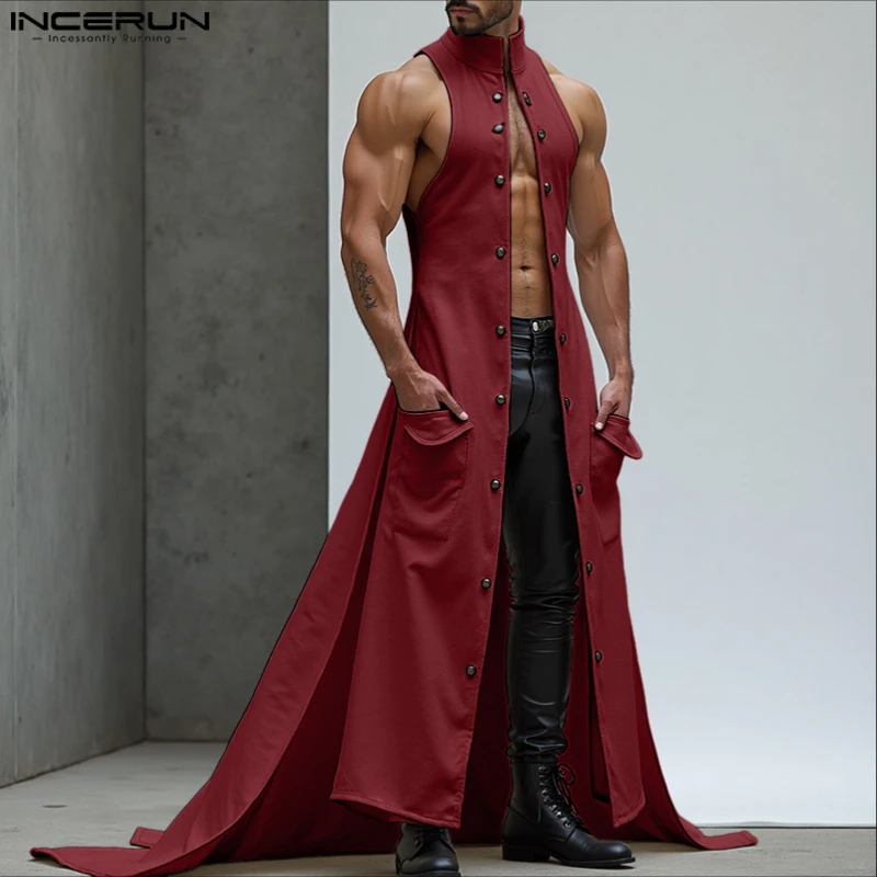 INCERUN Men Long Style Vests Stand Collar Sleeveless Button Fashion Male Waistcoats Streetwear Solid 2025 Irregular Vests S-5XL