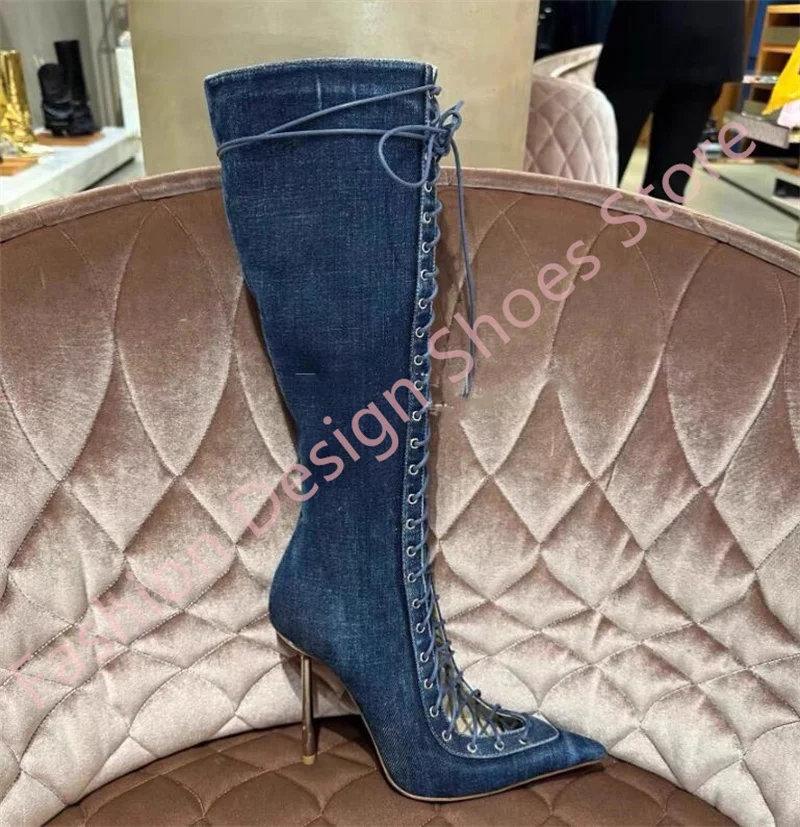Blue Denim long Boots thin high heels cross tie long boots lace up fashion knee high boots pointed toe women shoes