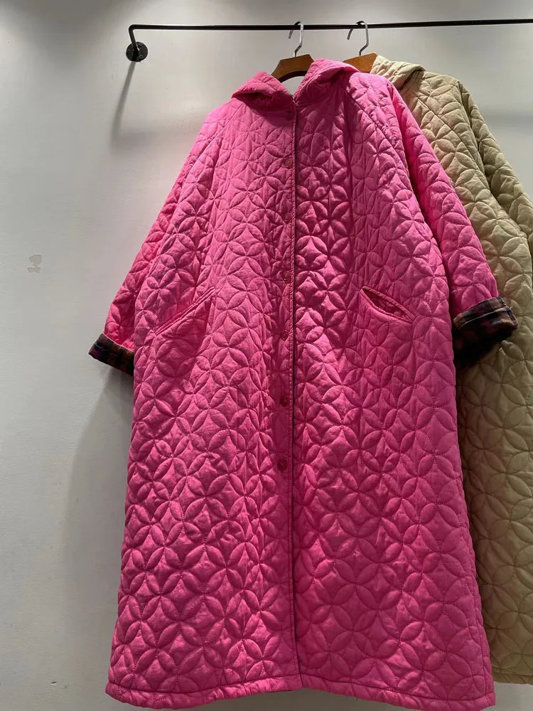 Winter Women's Long Double-Sided Wear Cotton Jacket Hooded Quilted Korean Style Diamond Pattern Cotton Coat Female Outerwear