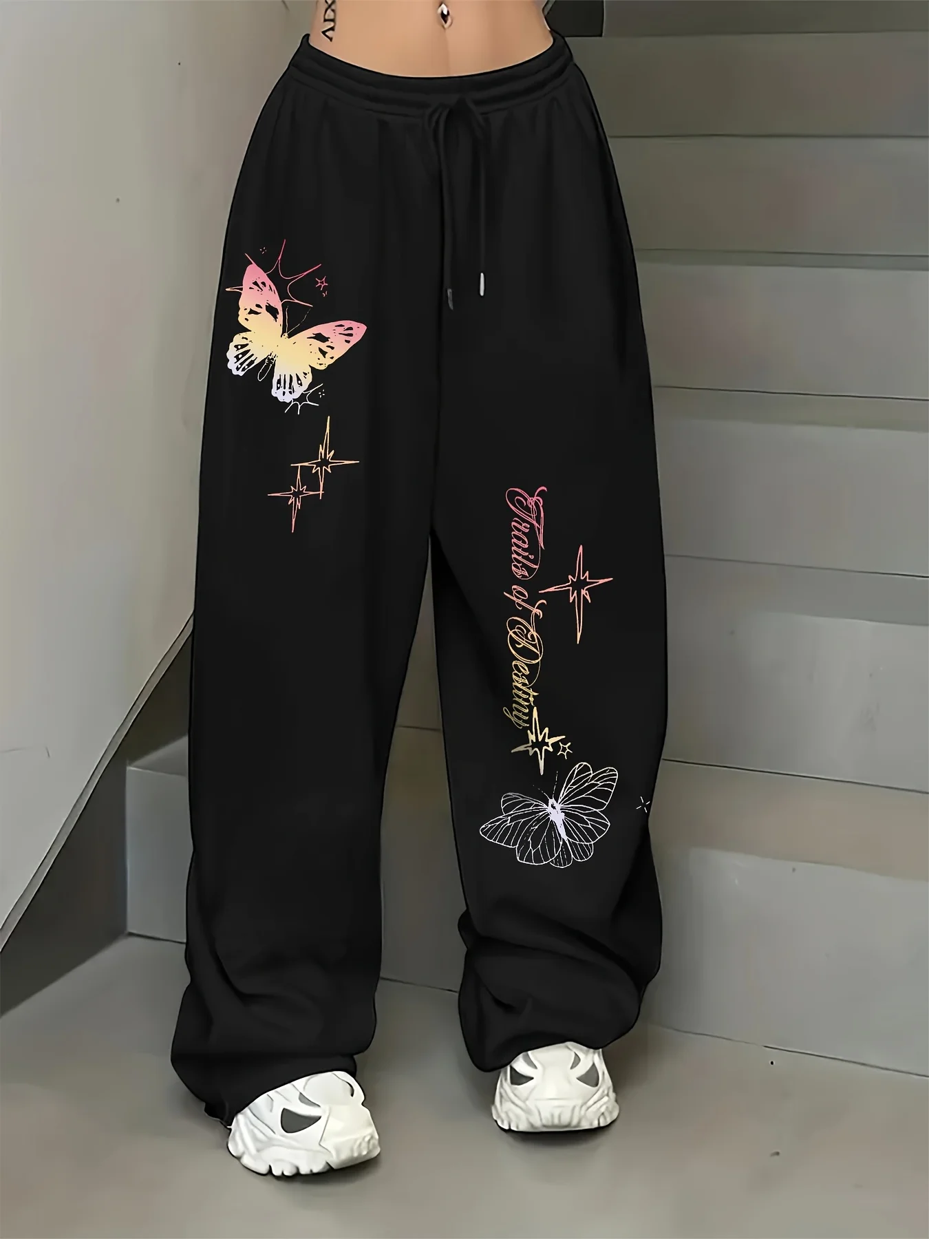 

Новые женские брюки больших размеров с принтом бабочек, флисовые, с эластичной талией, прямые, спортивные, модные и универсальные