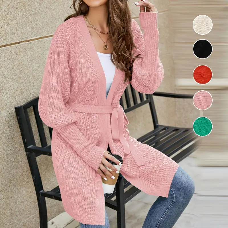 

Женский длинный однотонный вязаный открытый кардиган с v-образным вырезом, осенне-зимний свитер Jaet с поясом, женское пальто Ele Sle