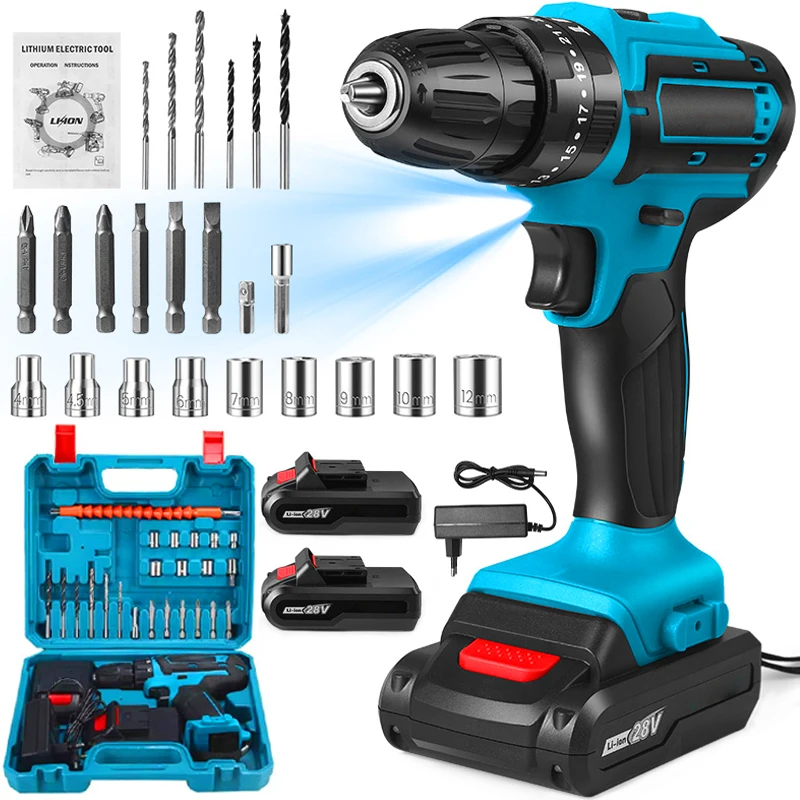 kit de taladro percutor y atornillador electrico 3 en 1 taladro de impacto inalambrico de 28v sin escobillas herramientas electricas de iones de litio con 2 baterias y enchufe europeo para uso