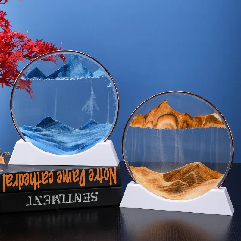 

3D Sandscape Moving Sand Art Picture Round Glass Quicksand Craft Liquid Hourglass Flowing Sand Painting Office Home Decor Gifts