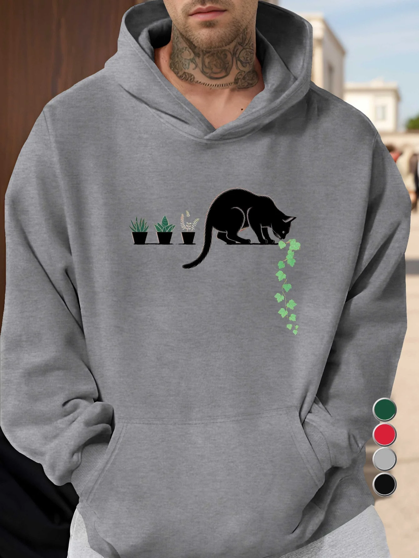 Felpa con cappuccio minimalista Cat Botanical Harmony - Felpa con cappuccio rossa con gatto nero e grafica verde