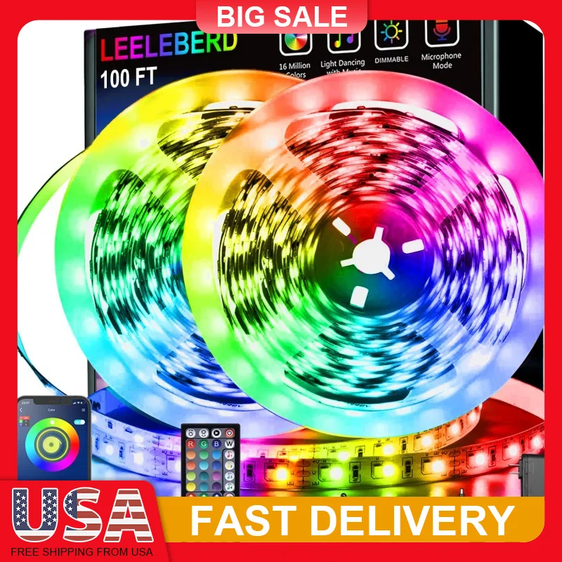 

100ft RGB LED Strip Lights Music Sync Color Changing with Remote App Control 16 Million Colors for Bedroom Home Party Decoration