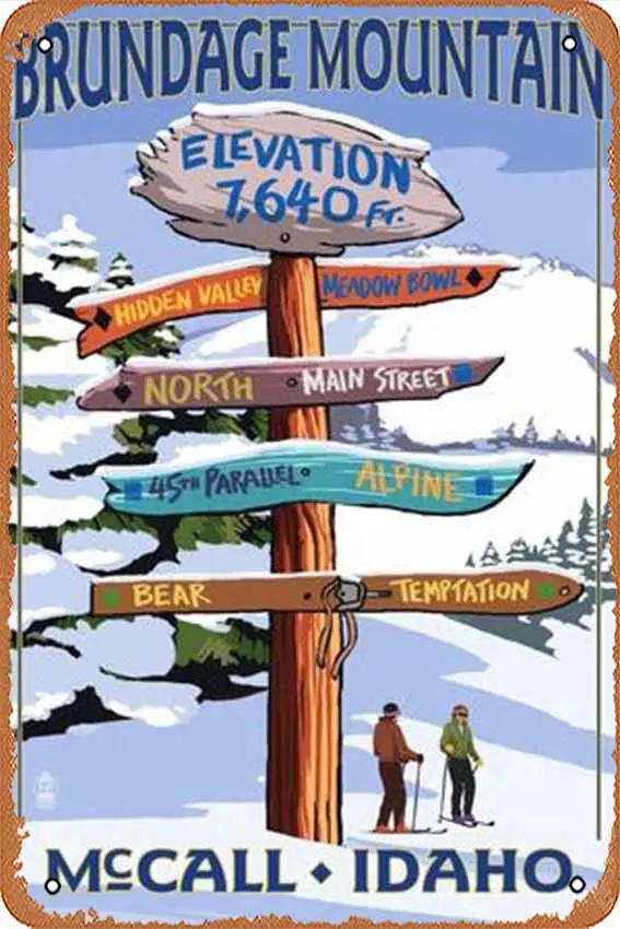 Vintage-Art Retro Brundage Mountain, McCall, Idaho,Ski Destination Signpost Retro  Metal Tin Sign Wall Art Poster Wall Signs For