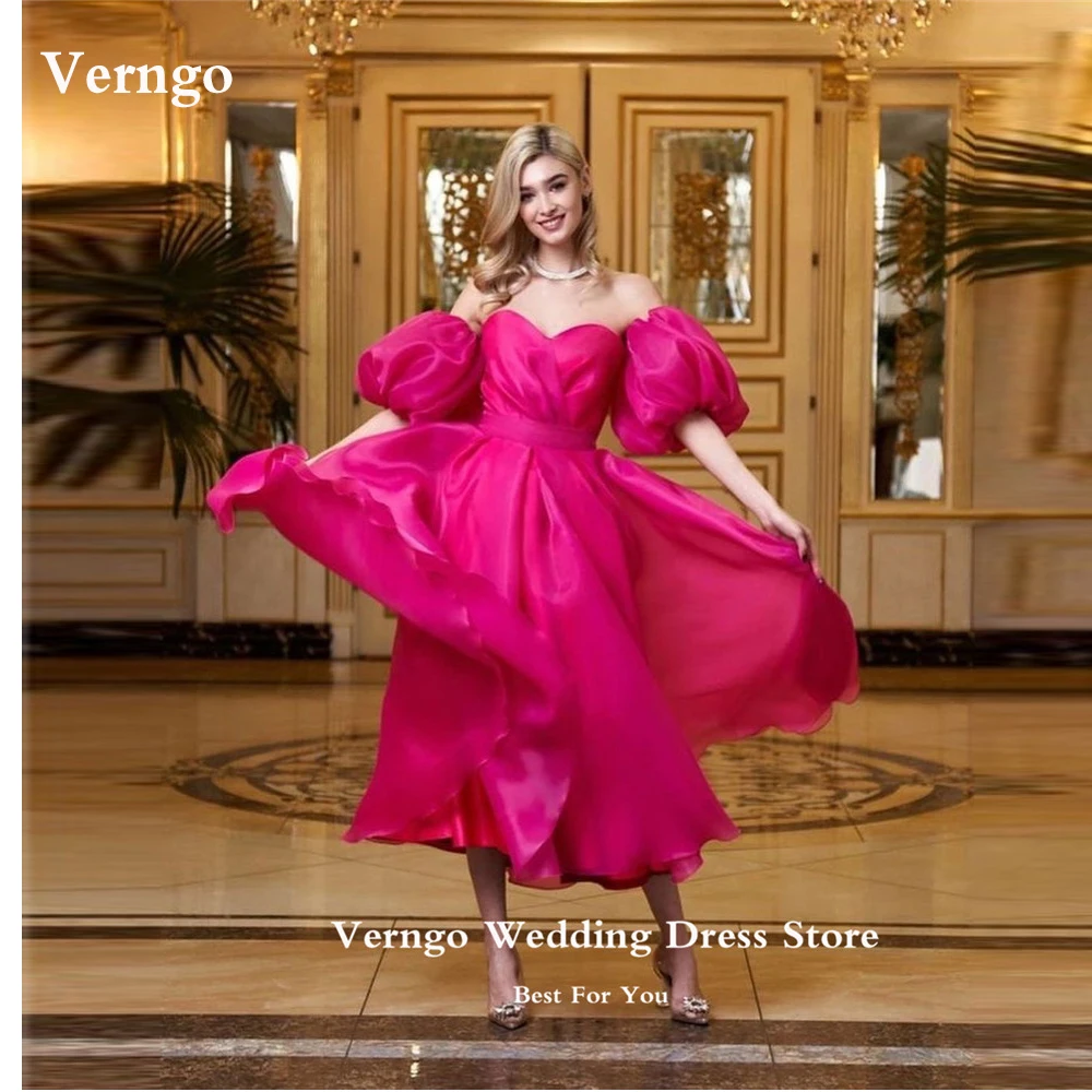 

Verngo Simple Fuschia Organza Prom Party Dresses Short Puff Sleeves Tea Length Evening Gowns Formal Dress Robe de mariage