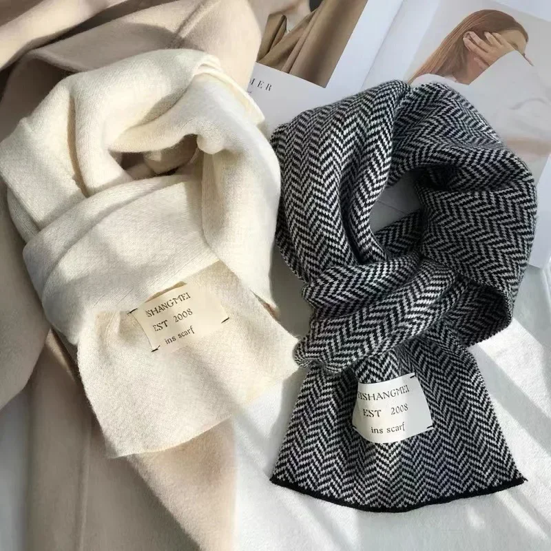 Women's Scarves High Quality Knitted Scarf Vintage Stripe Patterns Scarves Winter Outdoors Warm Scarves 2023 Autumn Winter Black