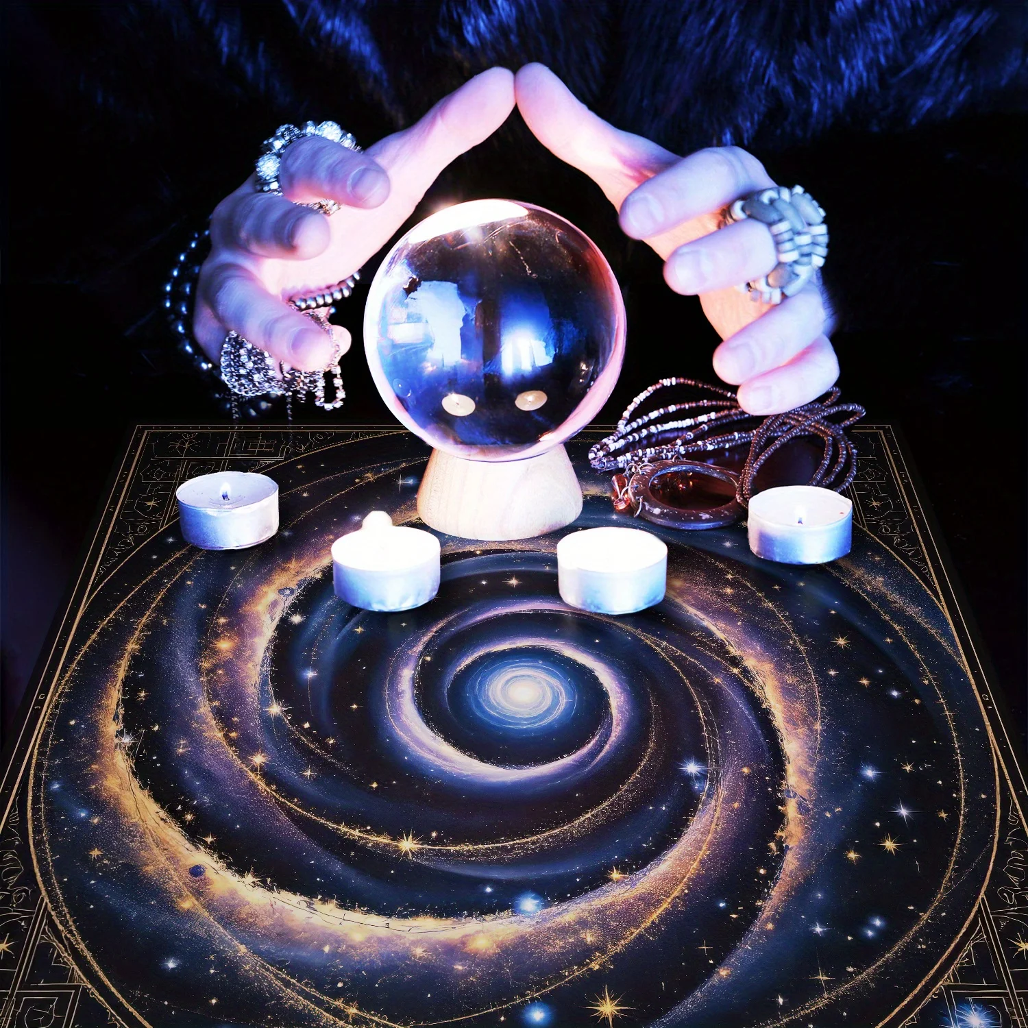 1pc Sacred Cosmic Spiral Tarot Tablecloth, Dark‑blue Star Design, Mystic Border Symbols, Altar Decor for Card Games