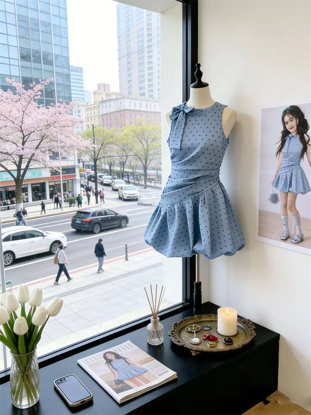 

Girls Summer Dress Fashionable Blue Polka Dot Halter Neck Waist-Cinching Vest Dress for Children 90-140CM