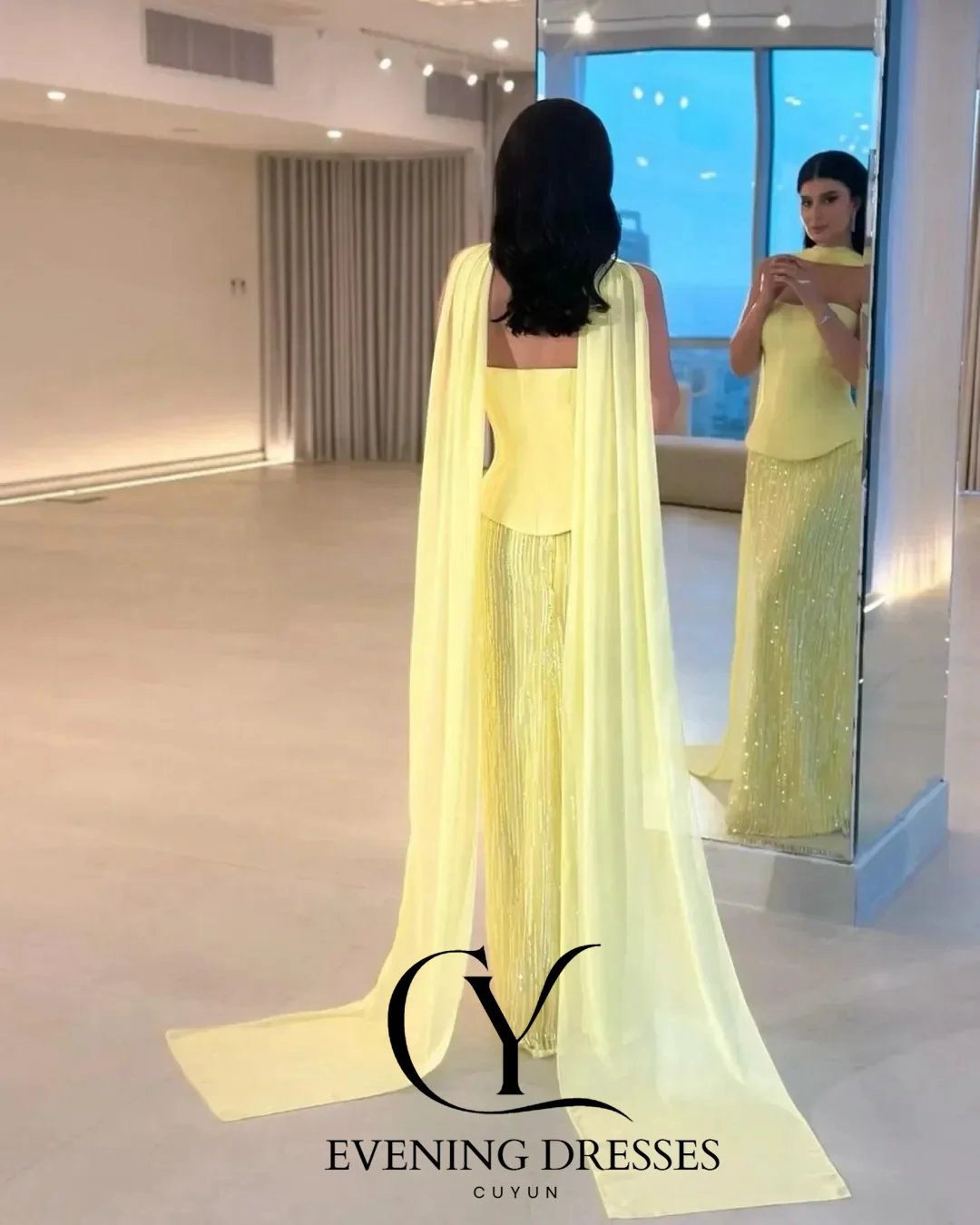 Cuyun amarelo luxo feminino vestido de noite 2025 personalizado sem alças miçangas vestido de baile com xale elegante vestido de festa árabe saudita