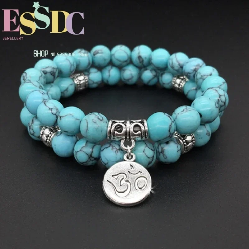 New Arrival 8mm Natural Green  with OM Pendant Single Circle Lovers Sets Bracelet Energy Stone Female Or Male Yoga Jewelry