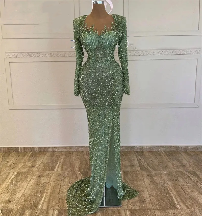 Luxury Sequined Evening Dresses Mermaid Beads Long Sleeve Women Green Formal Prom Graduation Party Gowns for Wedding Customized