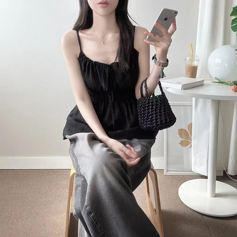 เสื้อกล้ามชีฟองสไตล์เกาหลี ผูกโบว์ จับจีบ ทรงเข้ารูป สายเดี่ยวลำลอง เซ็กซี่ สำหรับผู้หญิง