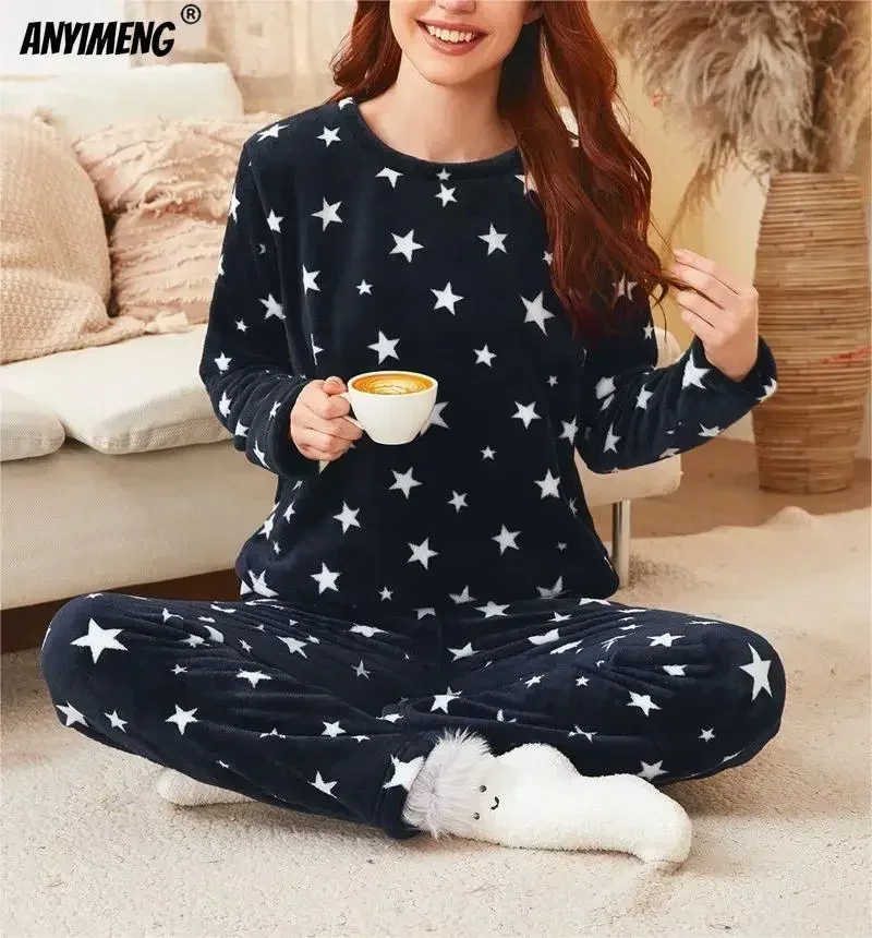 Winter Women Pajamas Set Thermal Flannel Sleepwear Casual Lady Velvet Pijamas Pullover Nightwear Coral Home Suits Girls Pyjamas