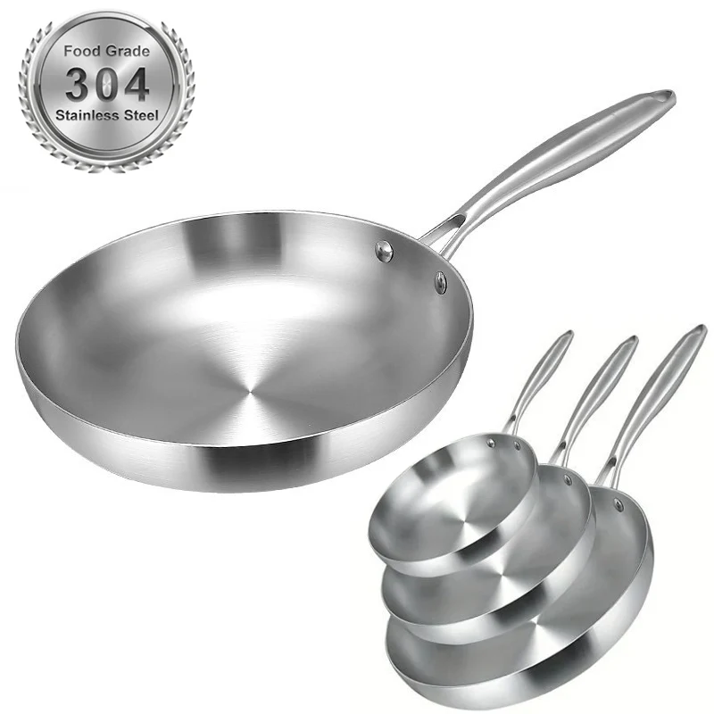 

304 Stainless Steel Frying Pan, NonStick Pan Fried Steak Pot Uncoated Kitchen Cookware For Gas Stove and Induction Cooker