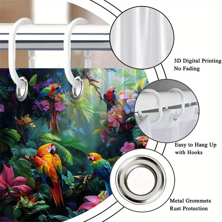 Tropical Rainforest Shower Curtain Colorful Macaw Parrot Vibrant Flowers Sunlit Canopy Jungle Paradise Bathroom Decor