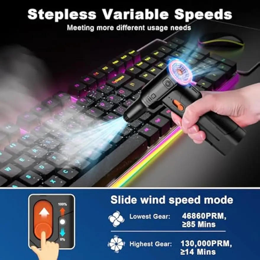 130,000RPM 무선 에어 더스터, 브러시리스 모터 탑재, 가정 및 야외 청소용으로 조절 가능