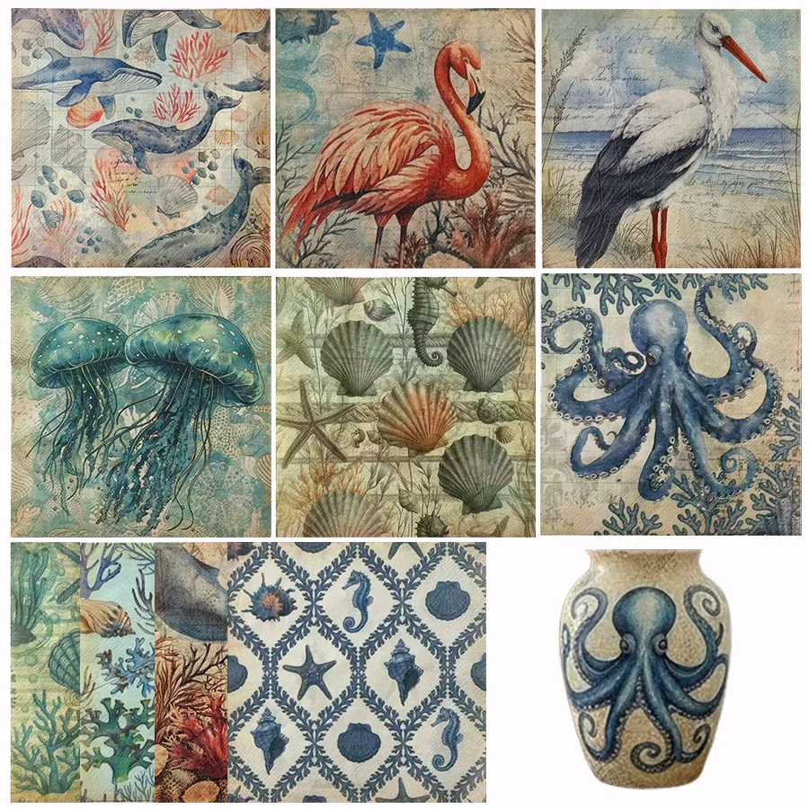 20Pcs Vintage Ocean Sea Life Disposable Paper Napkins with Octopus & Flamingo Designs for Coastal Beach Wedding Table Decoupage