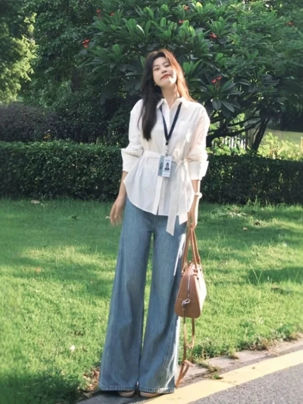 

White Long Sleeve Neck Shirt Women's Spring 2026 Waist Cinched Tie Dye Unique Beautiful Top Korean Style Commute Wind