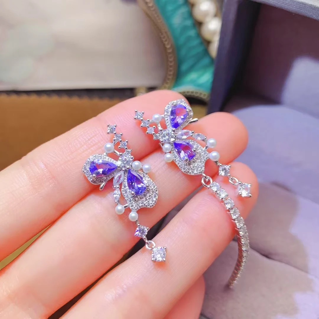 Natural Tanzanite Aquamarine Butterfly Women's Earrings S925 Silver Electroplating Process Inlaid High Clarity Support Testing