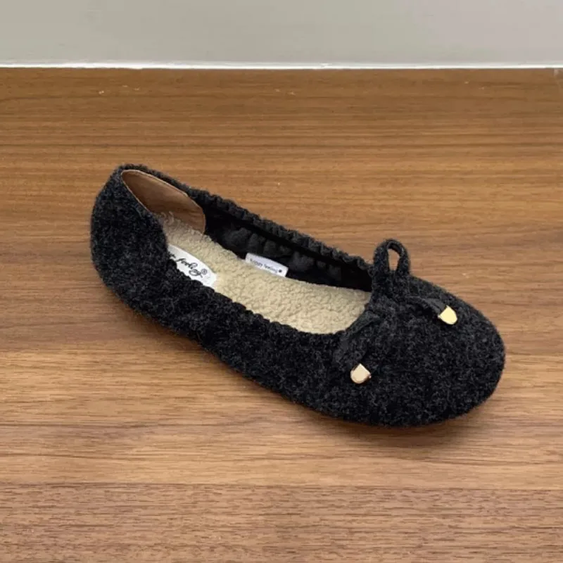 Neue Winter-Herbst-Ballerinas mit Fell, warme, weiche, modische Damenschuhe mit runder Spitze, Schmetterlingsknoten, Damen-Ballerinas mit Plüschfutter – Detail 7