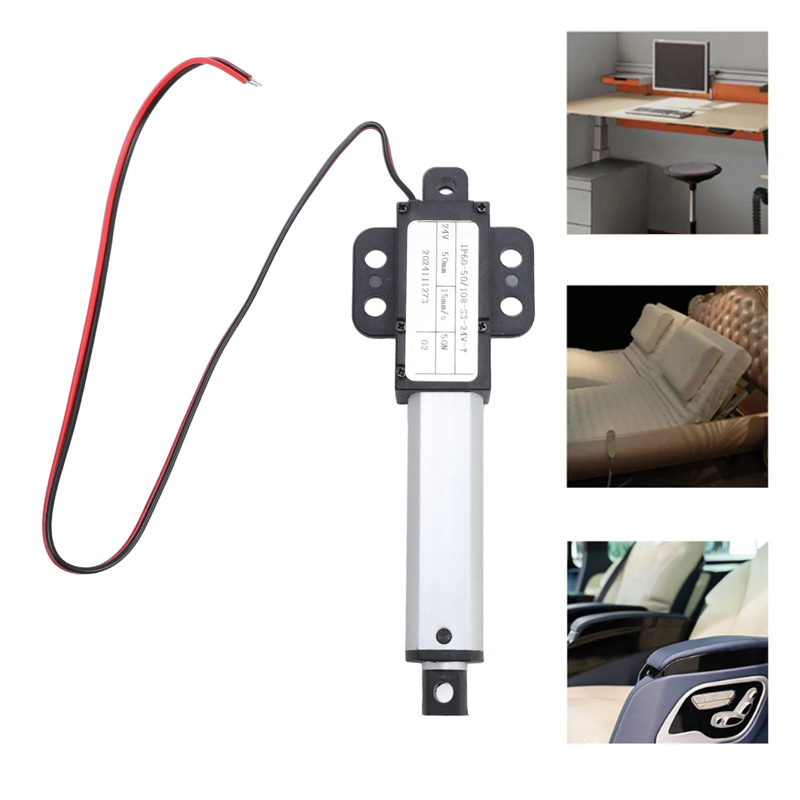 

Миниатюрный линейный привод, ход 50 мм, концевой выключатель, скорость 15 мм/с, тяга 50 Н, универсальный мини-линейный актуатор для кресла-реклайнера