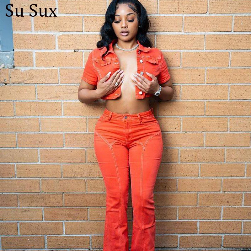 

Denim Flare Pant Sets Tracksuit Women Casual Solid Turn Down Collar Short Sleeve Crop Top 2 Piece Set Vestidos 2024 Spring Summe