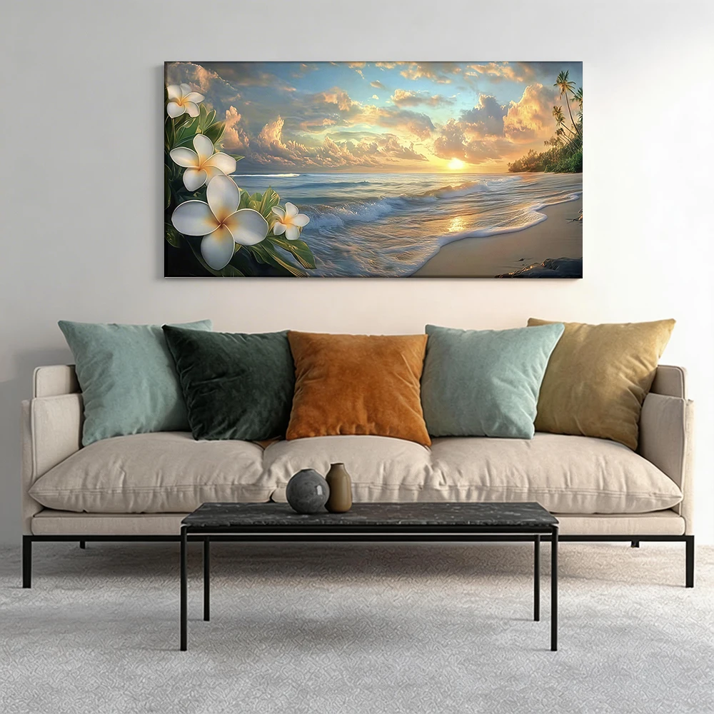 

1pcwooden frame canvas decorative painting Plumeria beach, sunset, tropical paradise.Corridor, Living Room Decoration