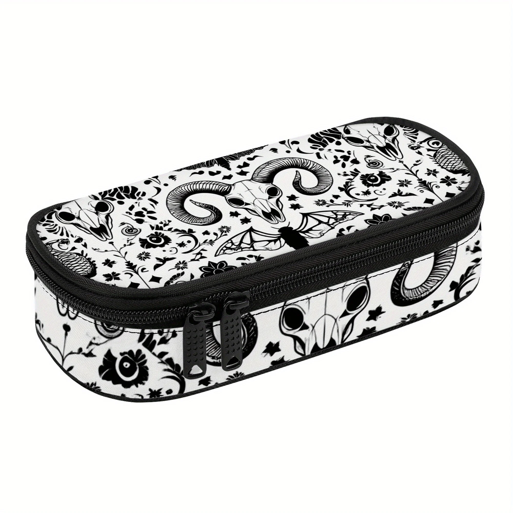Pencil Case Featuring a Ram Skull with Floral And Butterfly Designs, Gothic Bones Pencil Pouch, Mystic Horns Pencil Bag