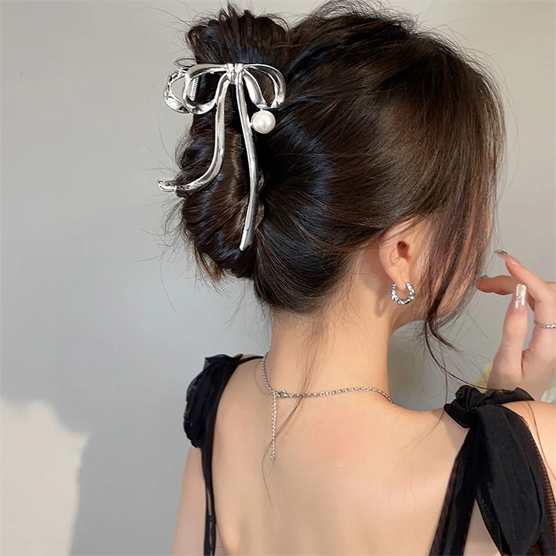 Korean Bow Pearl Elegant Gold Silver Hair Claw Clips Women Geometric Fashion Barrette Hairpins Headwear Hair Accessories Female