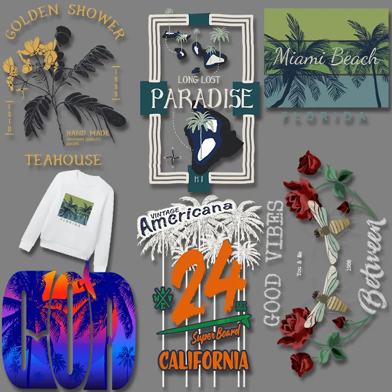 Good Vibes You & Me 1986 Long Lost Paradise Beast Mode Miami Beach 24 EST 1968 Iron-on Stickers for Clothes Diy Craft