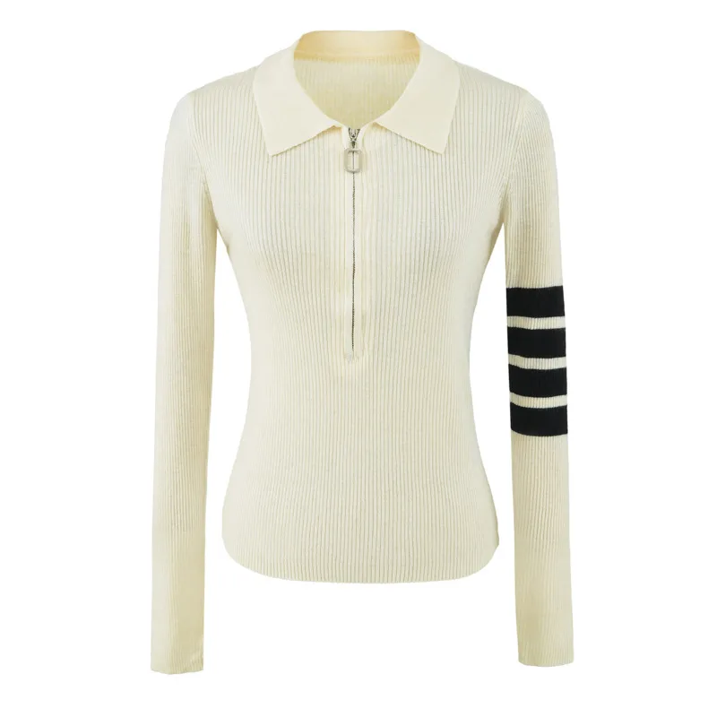 HKSH Women Long Sleeve Knitwear Korean Style Half-Zip Design Color Block Turn-Down Collar Slim Fit Elegant Niche Sweater HK27654