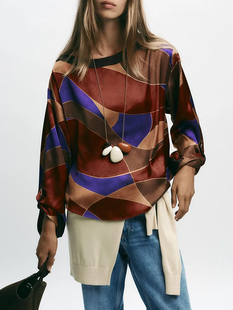 

Модный шелковый атлас с принтом Long Sve irt, женская осенняя новинка премиум-класса, универсальная сезонная коллекция Sle 2021, новинка