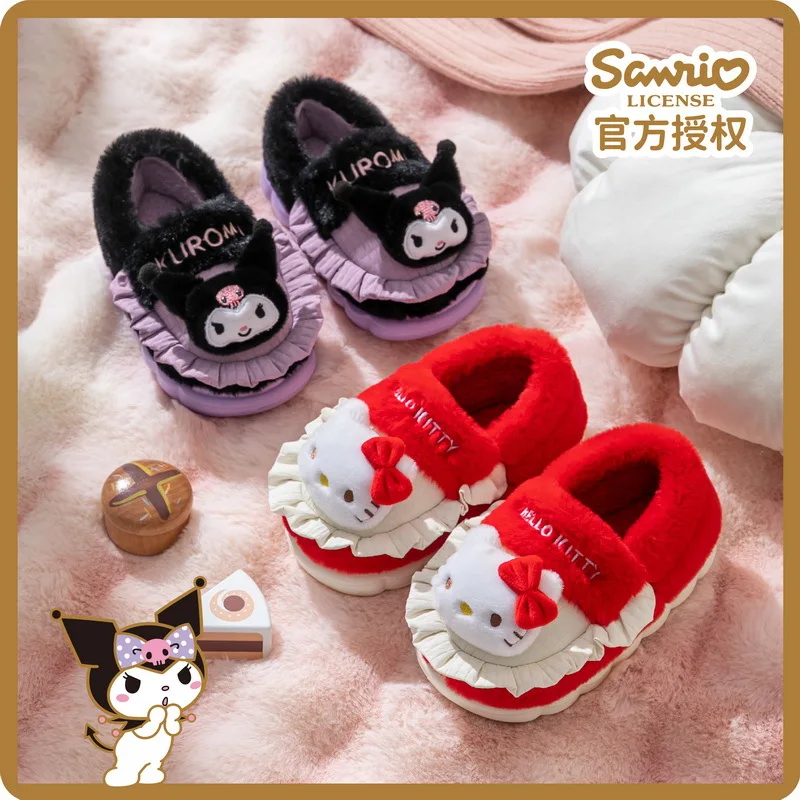 Anime Cartoon Hello Kitty Kuromi Cinnamoroll My Melody Plush All-Inclusive Slippers Kawaii Non-Slip Windproof Warm Cotton Shoes