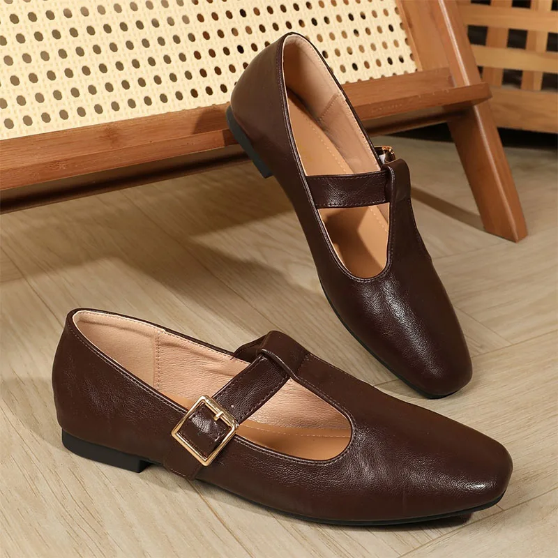 

Женские туфли Мэри Джейн в стиле ретро, стильные однотонные кожаные туфли с Т-образным ремешком и мягкой подошвой на плоской подошве, женская повседневная обувь