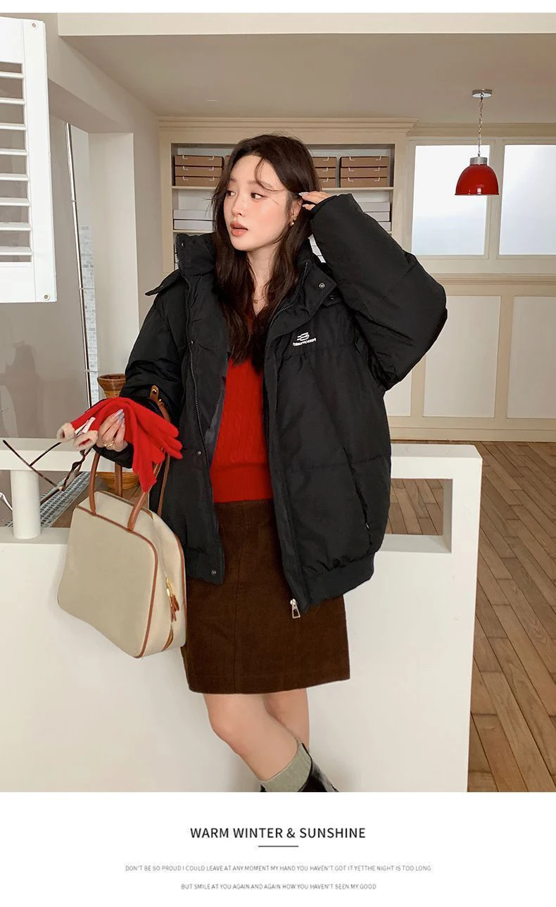 Korean Style Thickened Puffer Jacket for Women Loose Fit Warm Padded Coat Students Winter Solid Color All Match Hooded Parkas