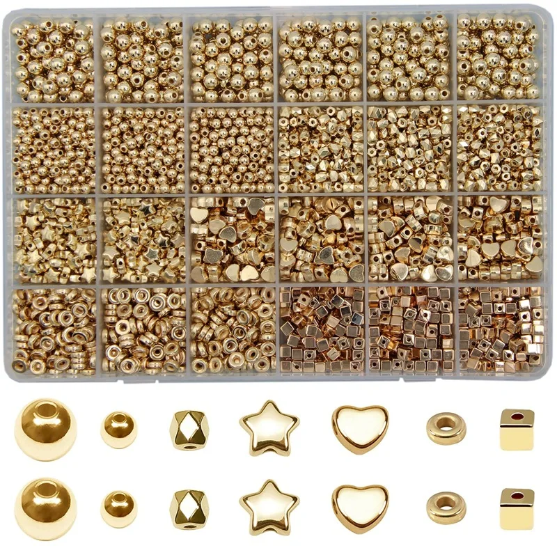 

3488 pieces of 4-7mm KC color in golden and silvery. 24 grid box spacing beads, acrylic beads, DIY handmade creations