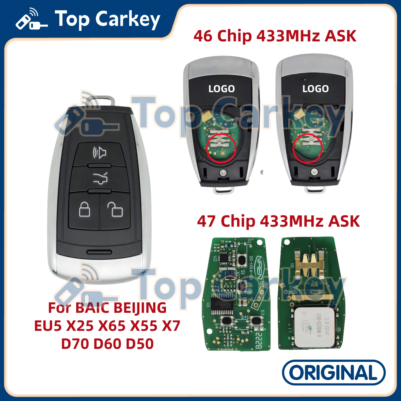 

Оригинальный OEM дистанционный брелок TopCarkey, чип 46/47 433 МГц для BAIC BEIJING EU5 X25 X65 X55 X7 D70 D60 D50