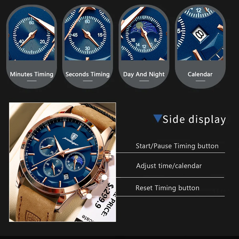 POEDAGAR Sport Luxus Männer Quarzuhr Wasserdicht Chronograph Leucht Datum Mann Armbanduhr Business Leder herren Uhren Uhr