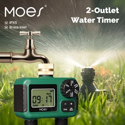 MOES Brass Water Timer 2-Outlet IPX5 Waterproof LCD Display Smart Irrigation Control Rain Delay Child Lock Outdoor Use