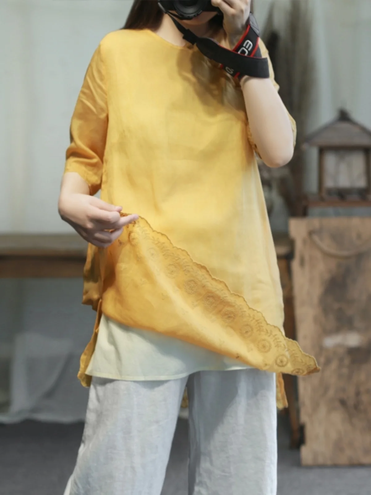 New Chinese Sle Cotton Linen irt Women Summer Mid-Length Lightweight Embroidered Loose Fit Button up round Ne Top