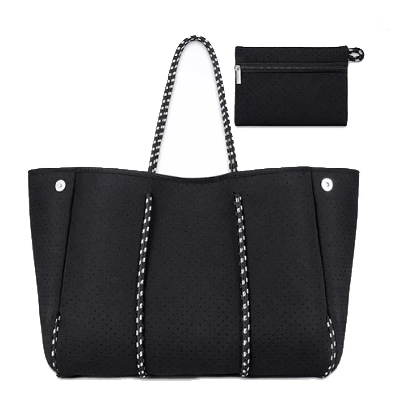 

Hot Sale Travelling Bag 2024 New Arrival Women Perforated Neoprene Tote Bag With Small Purse Large Neoprene Beach Handbag